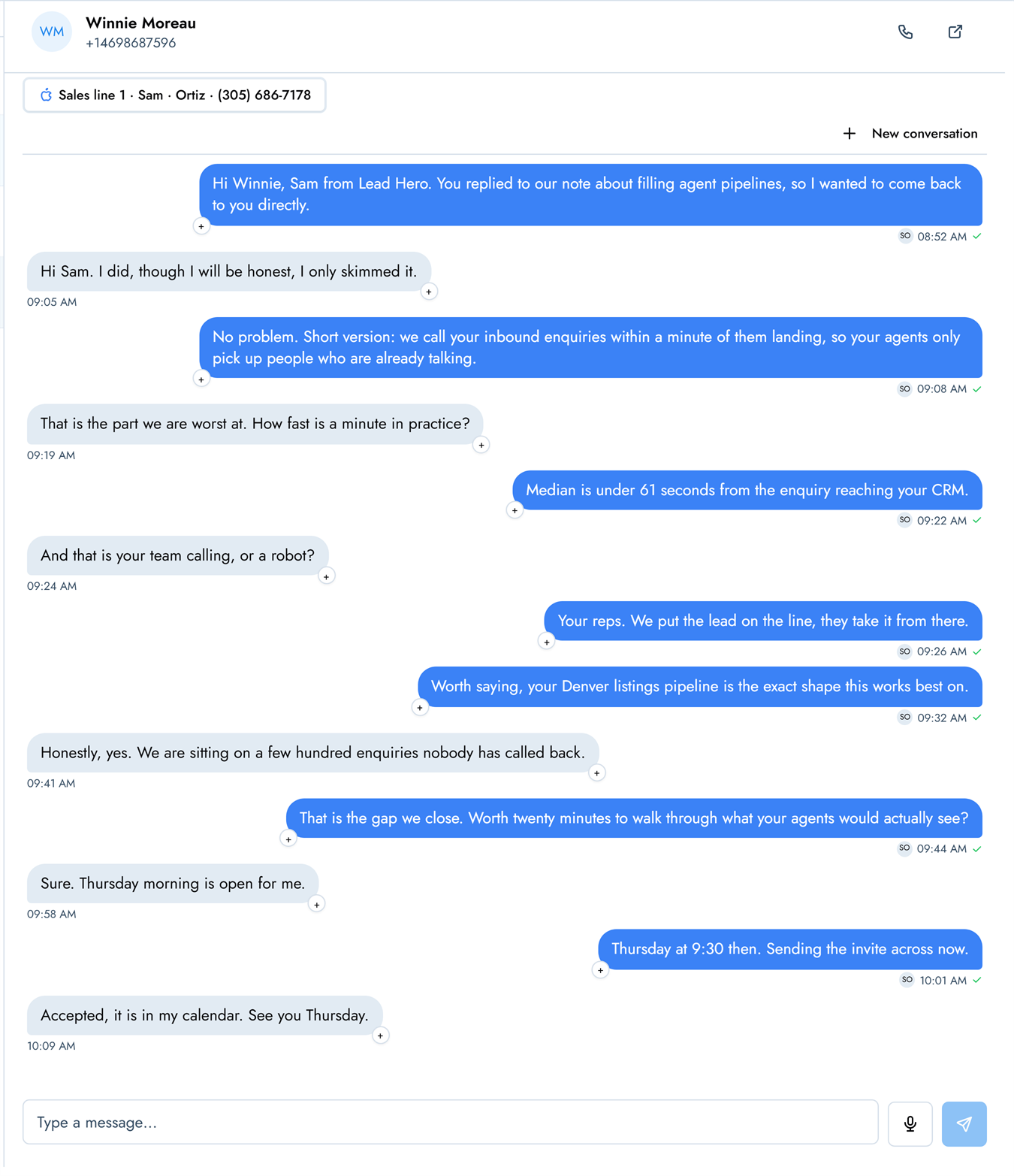 iMessage follow-up thread ending with the meeting booked