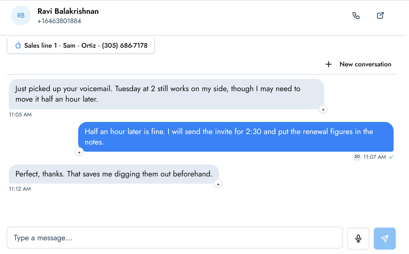 Blue bubble iMessage exchange with a lead confirming a call time
