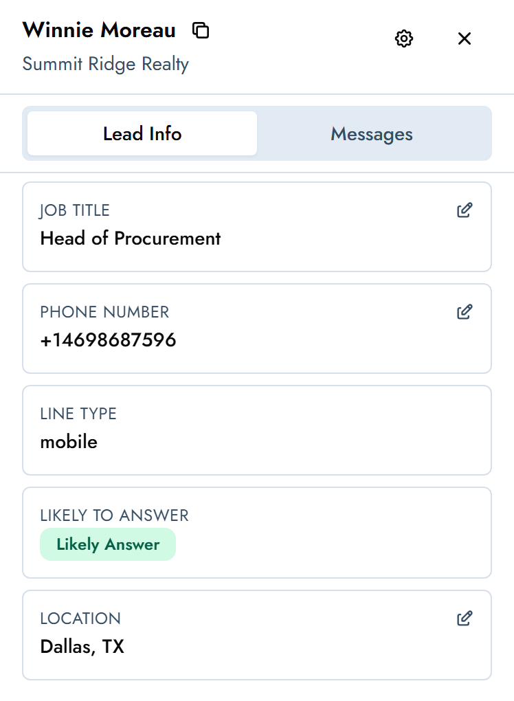 Lead panel showing a verified mobile number, mobile line type and a Likely Answer score